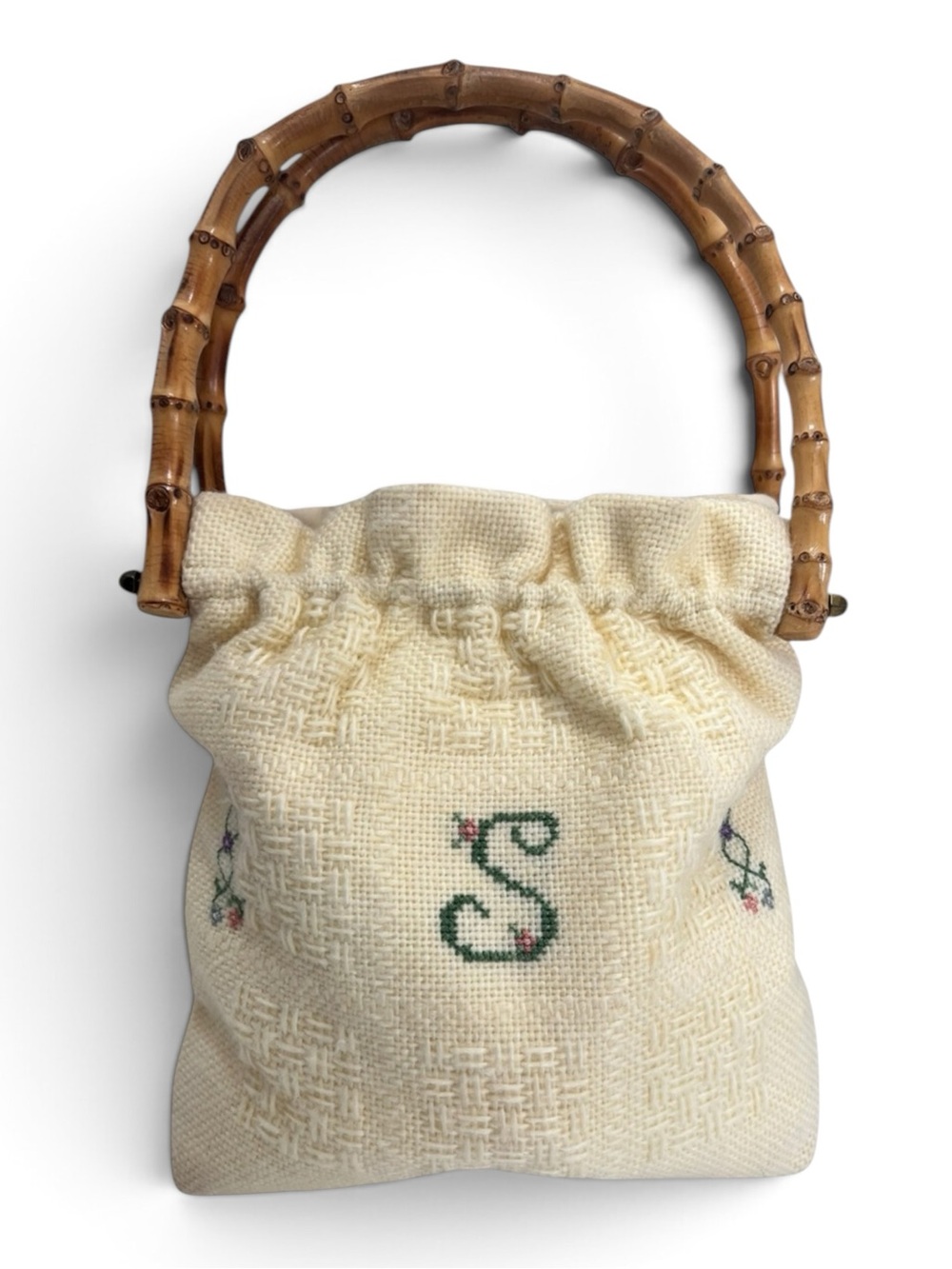 Vintage Monogram “S” Embroidered Cross Stitch Bamboo Handle Cottagecore Bag